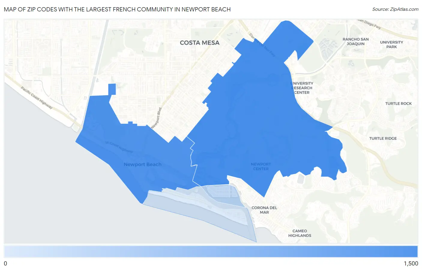 Zip Codes with the Largest French Community in Newport Beach Map