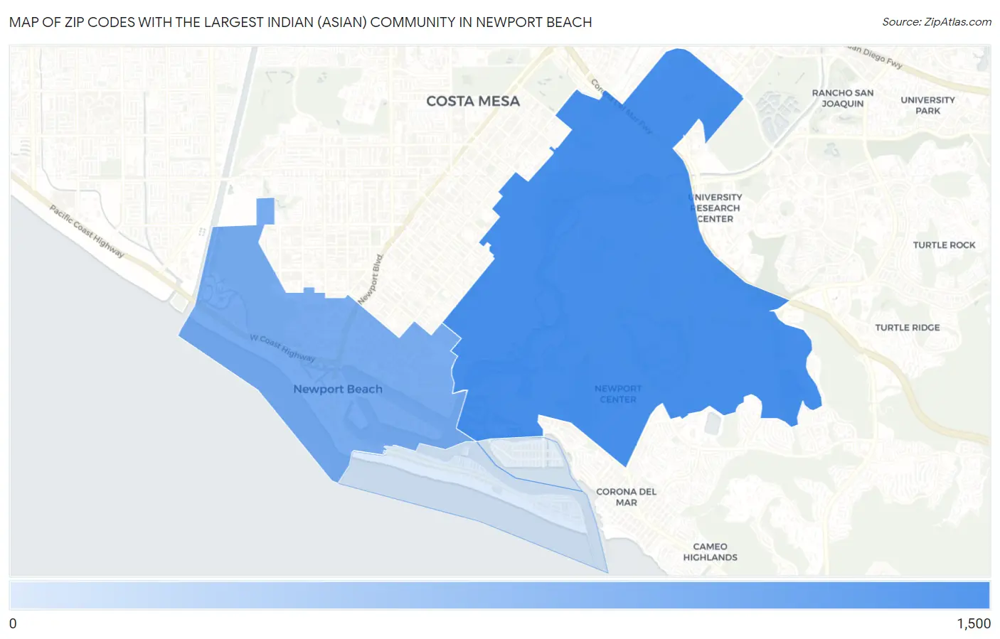 Zip Codes with the Largest Indian (Asian) Community in Newport Beach Map