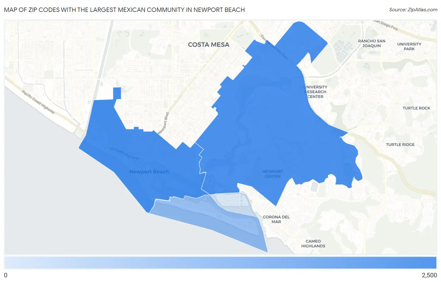 Zip Codes with the Largest Mexican Community in Newport Beach Map