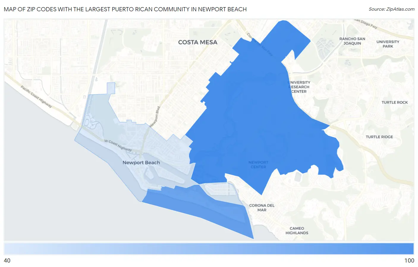 Zip Codes with the Largest Puerto Rican Community in Newport Beach Map