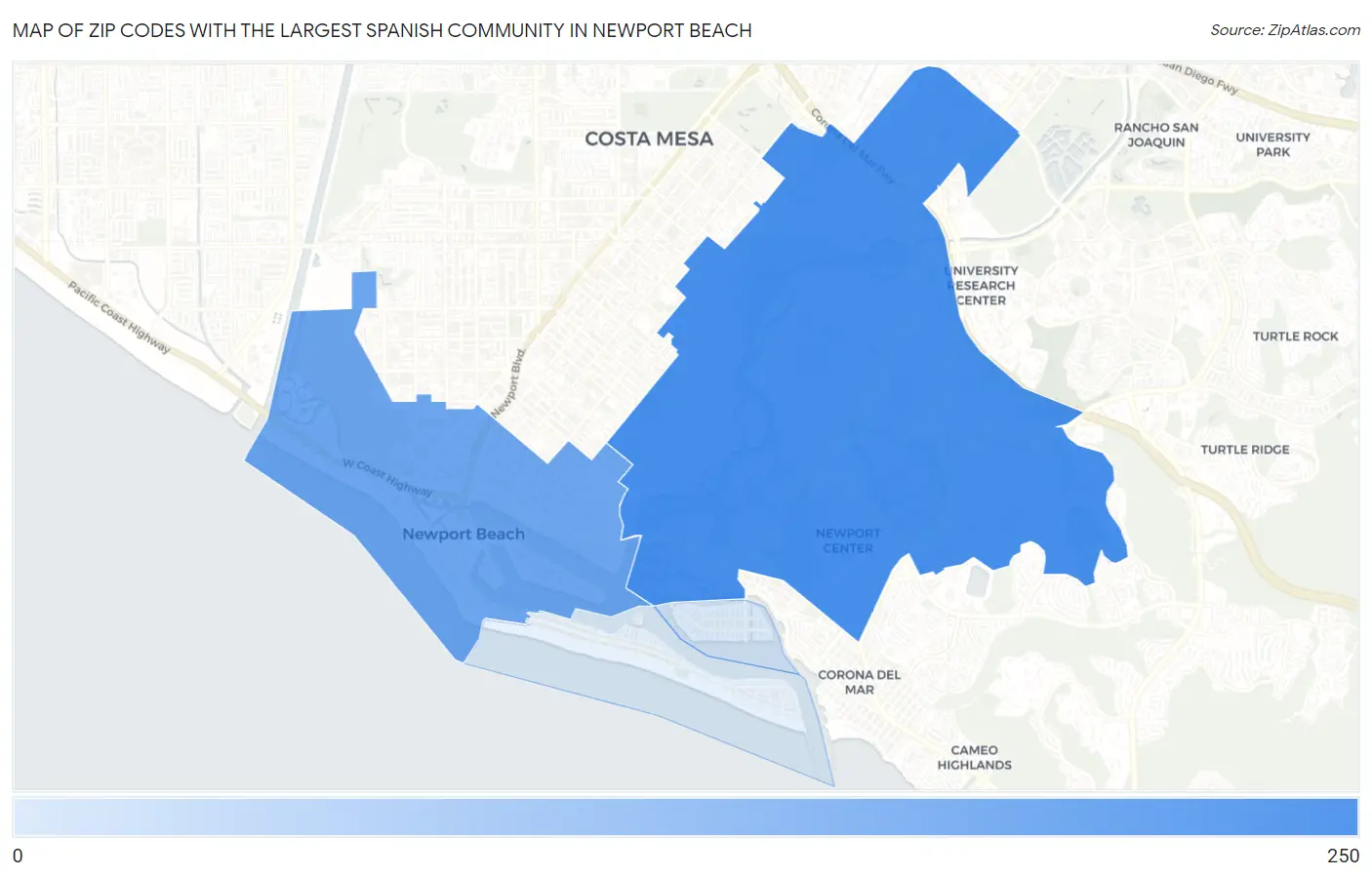 Zip Codes with the Largest Spanish Community in Newport Beach Map