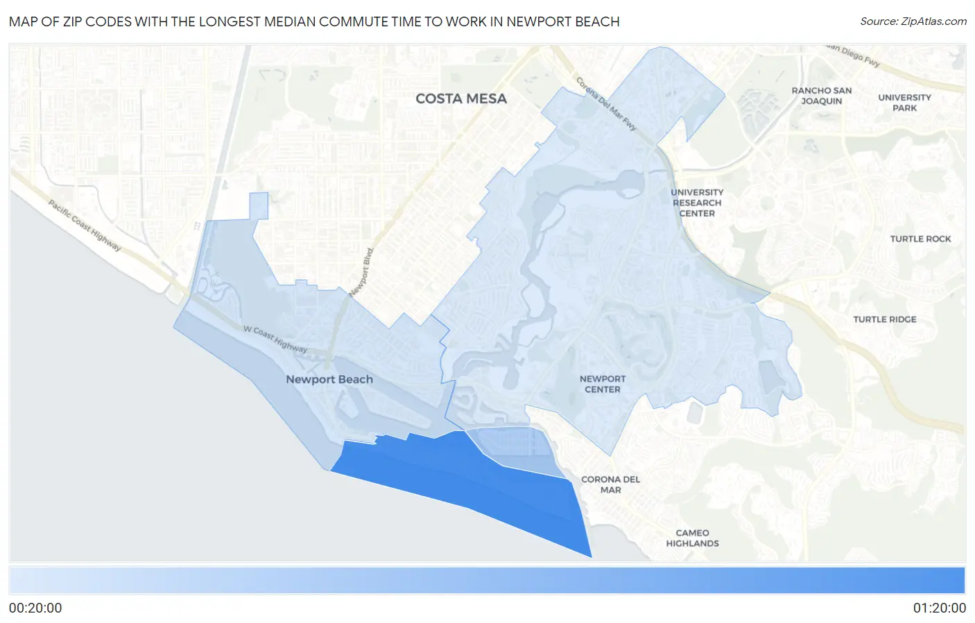 Zip Codes with the Longest Median Commute Time to Work in Newport Beach Map