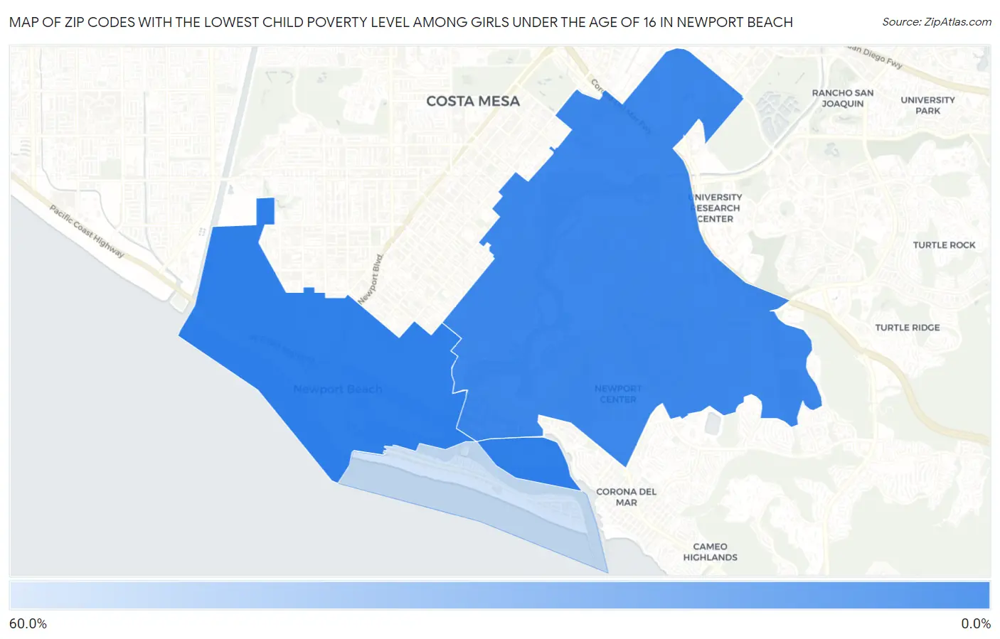 Zip Codes with the Lowest Child Poverty Level Among Girls Under the Age of 16 in Newport Beach Map