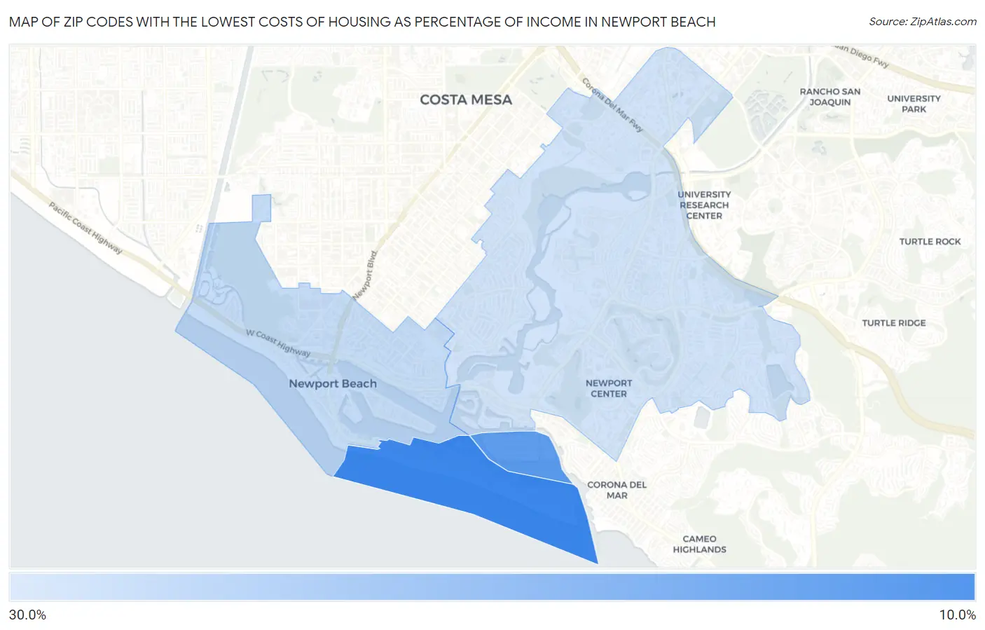 Zip Codes with the Lowest Costs of Housing as Percentage of Income in Newport Beach Map
