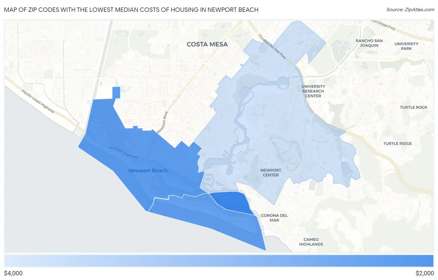 Zip Codes with the Lowest Median Costs of Housing in Newport Beach Map