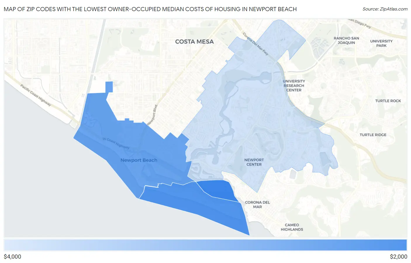 Zip Codes with the Lowest Owner-Occupied Median Costs of Housing in Newport Beach Map