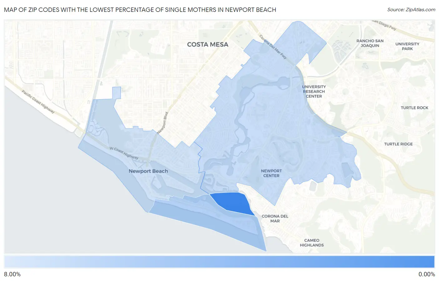 Zip Codes with the Lowest Percentage of Single Mothers in Newport Beach Map