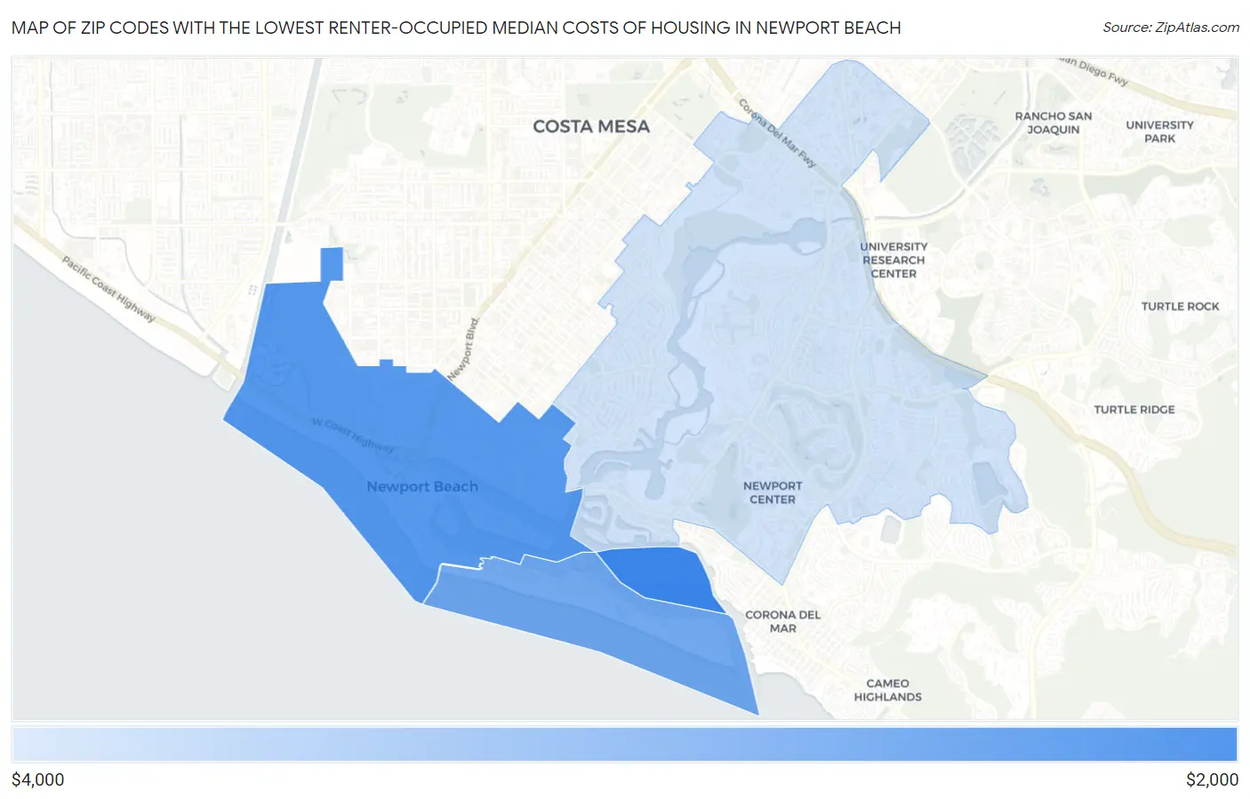 Zip Codes with the Lowest Renter-Occupied Median Costs of Housing in Newport Beach Map