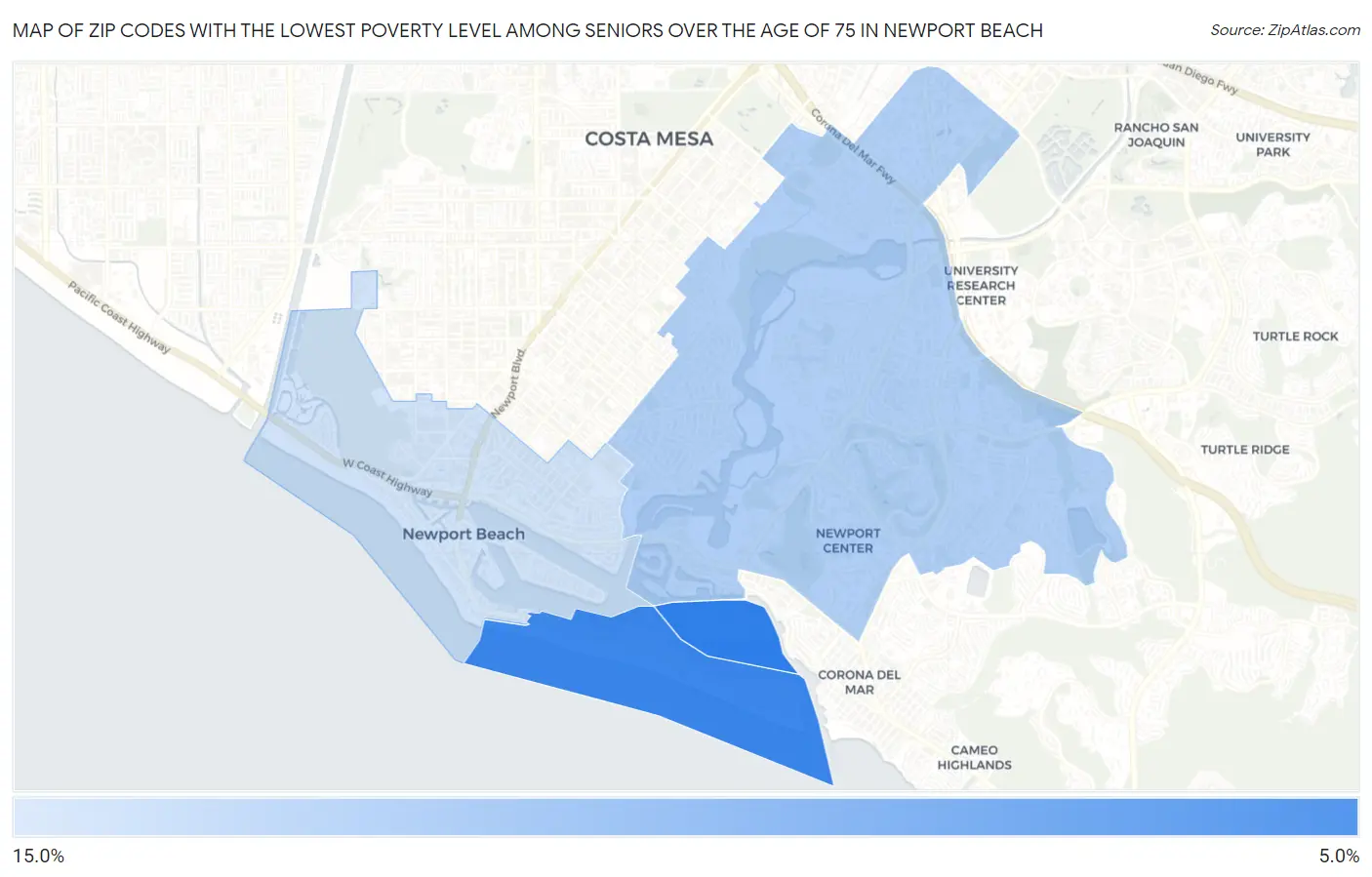 Zip Codes with the Lowest Poverty Level Among Seniors Over the Age of 75 in Newport Beach Map