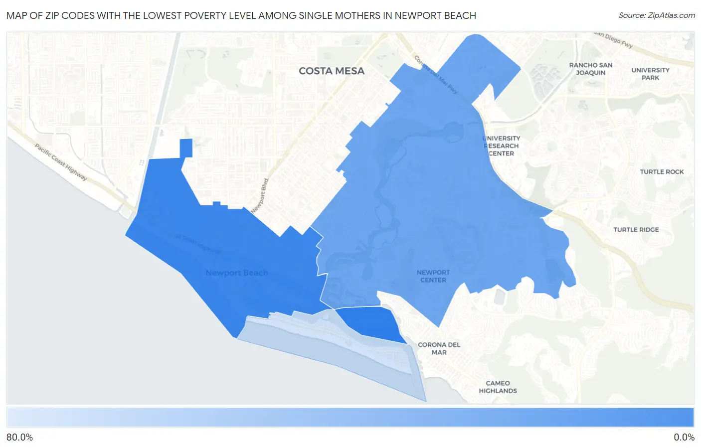 Zip Codes with the Lowest Poverty Level Among Single Mothers in Newport Beach Map