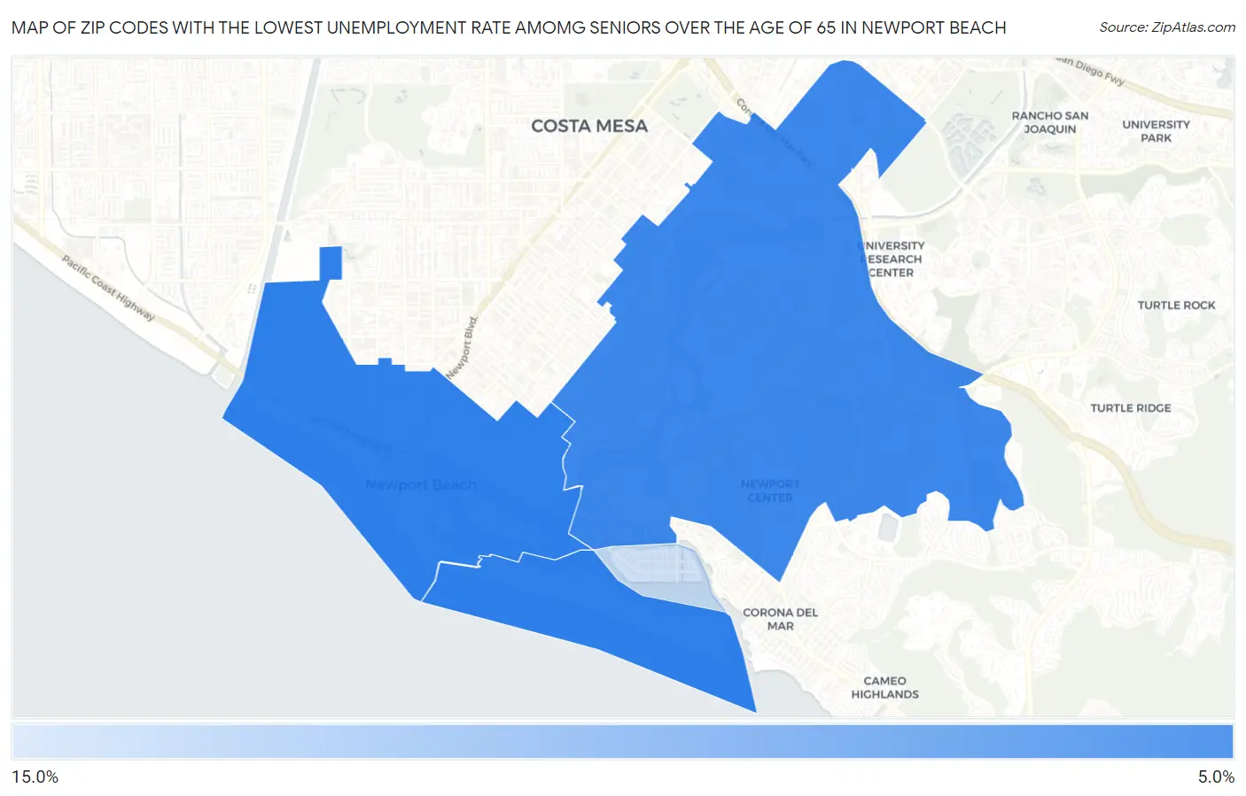 Zip Codes with the Lowest Unemployment Rate Amomg Seniors Over the Age of 65 in Newport Beach Map