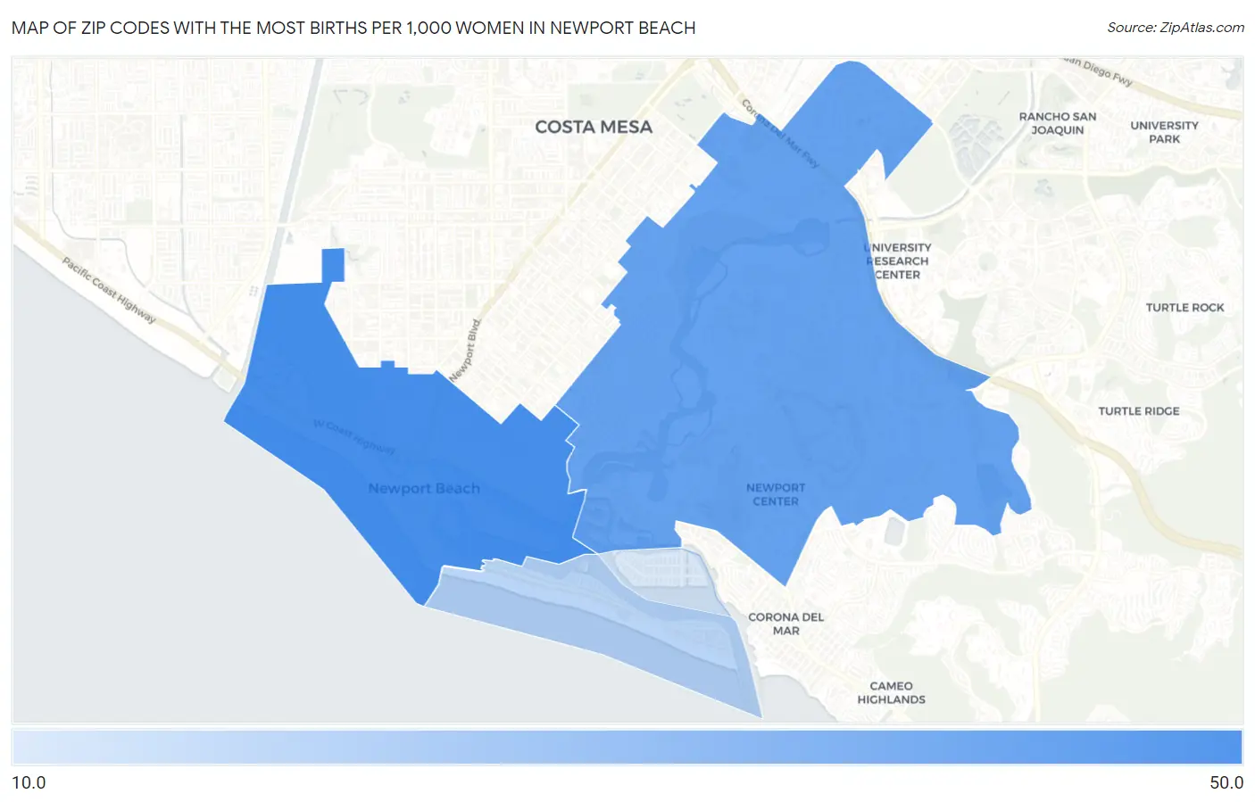 Zip Codes with the Most Births per 1,000 Women in Newport Beach Map