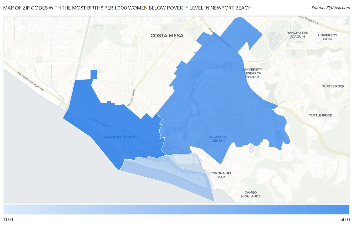 Zip Codes with the Most Births per 1,000 Women Below Poverty Level in Newport Beach Map