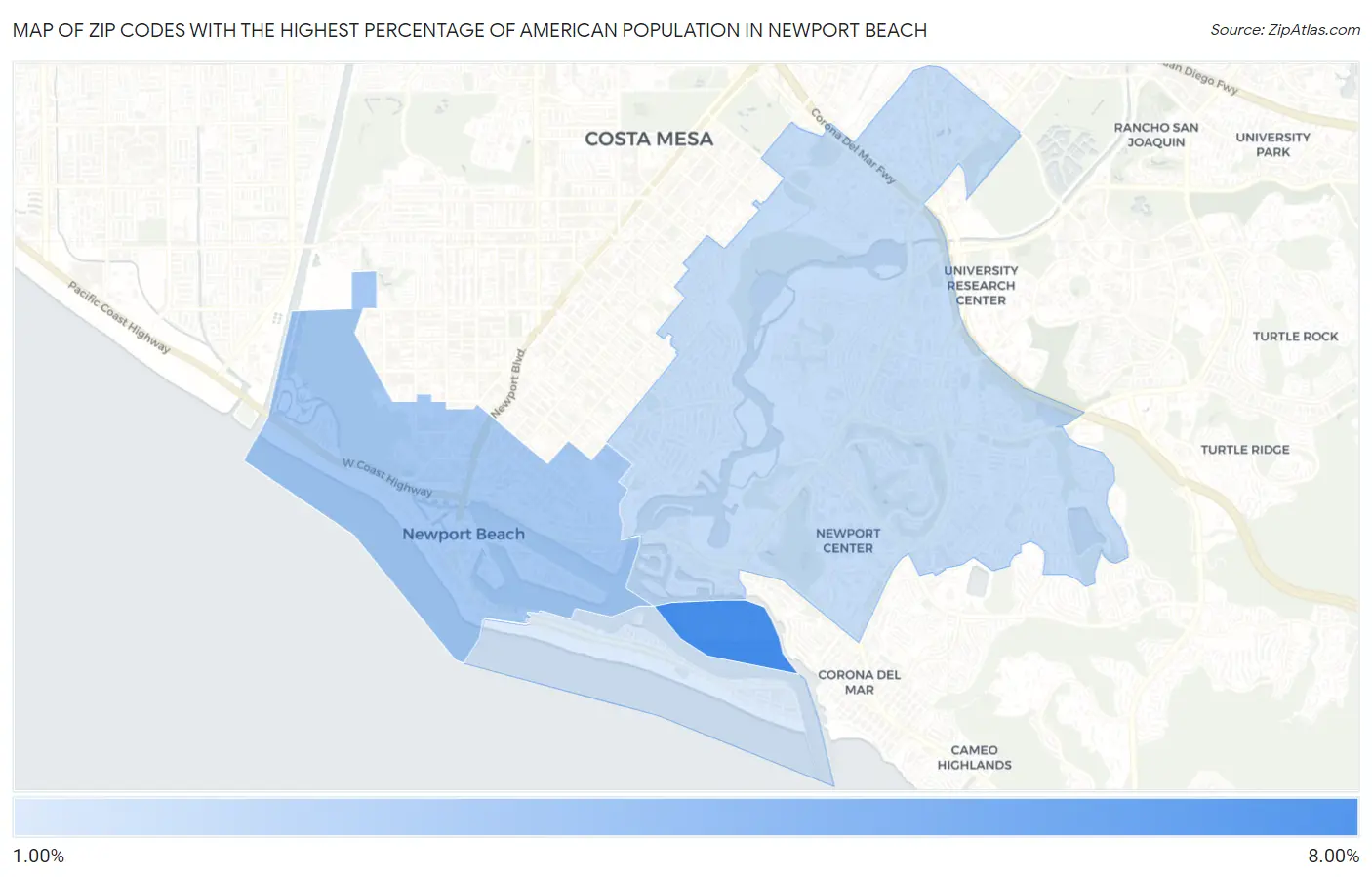 Zip Codes with the Highest Percentage of American Population in Newport Beach Map