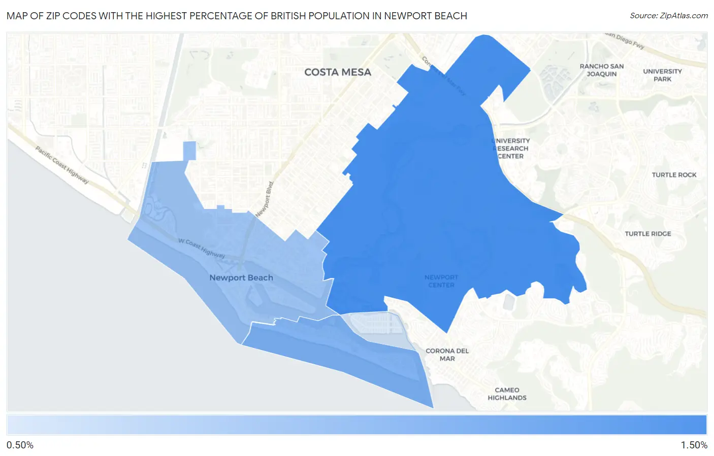 Zip Codes with the Highest Percentage of British Population in Newport Beach Map
