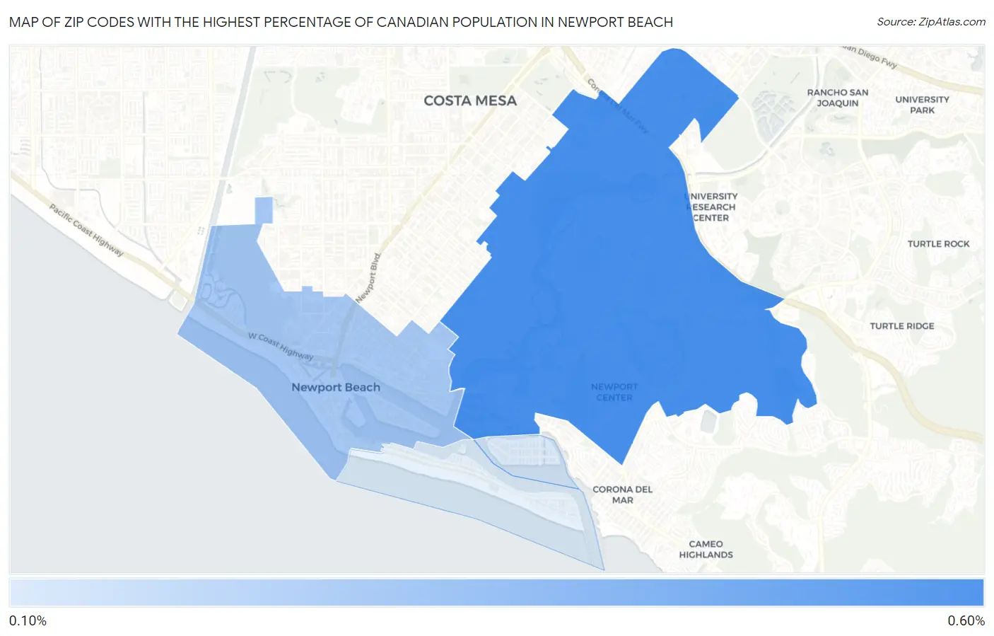 Zip Codes with the Highest Percentage of Canadian Population in Newport Beach Map