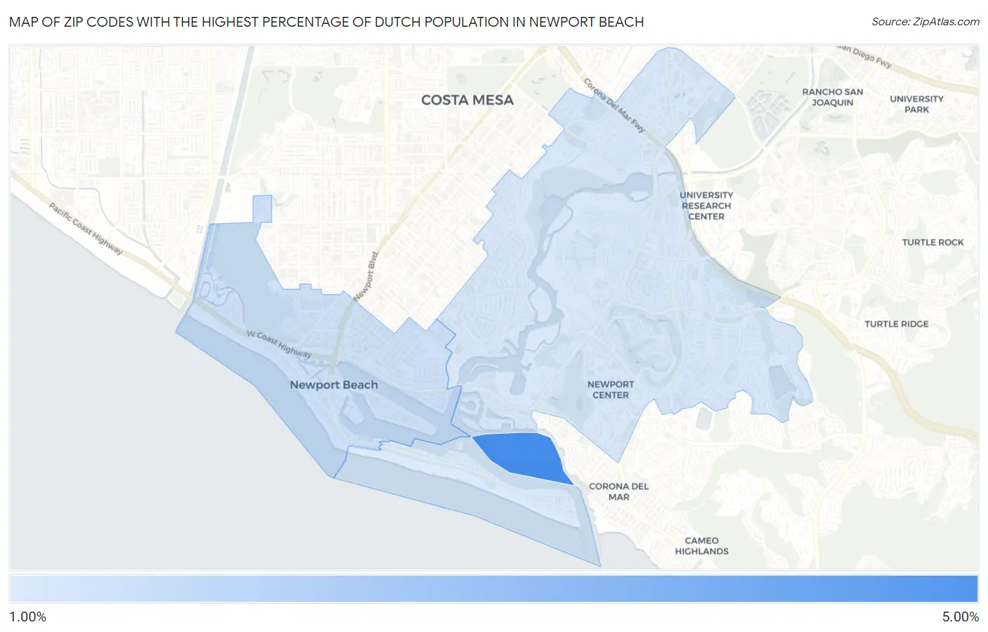 Zip Codes with the Highest Percentage of Dutch Population in Newport Beach Map