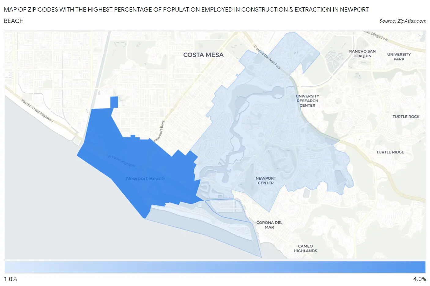 Zip Codes with the Highest Percentage of Population Employed in Construction & Extraction in Newport Beach Map