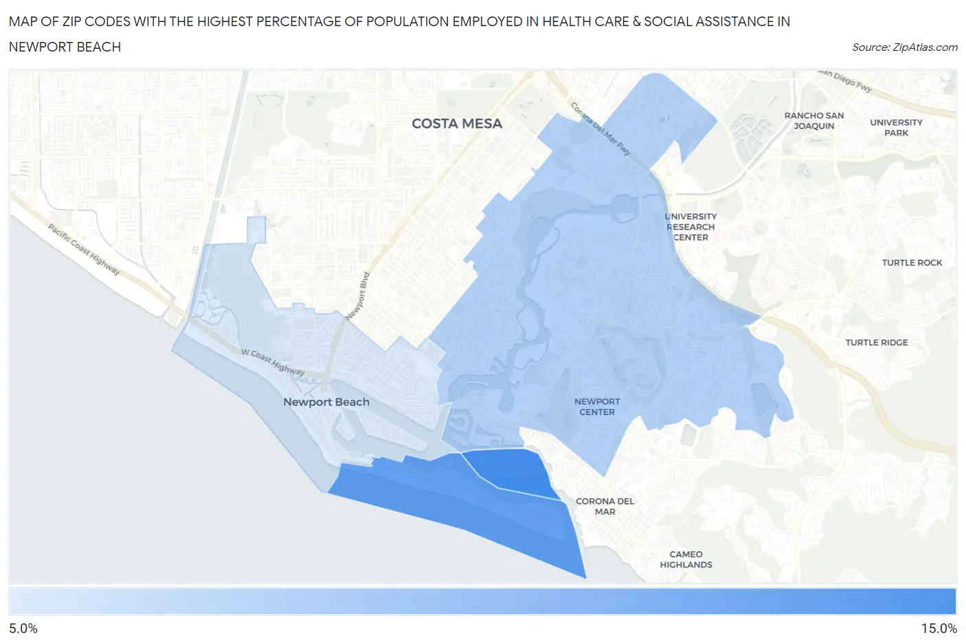Zip Codes with the Highest Percentage of Population Employed in Health Care & Social Assistance in Newport Beach Map