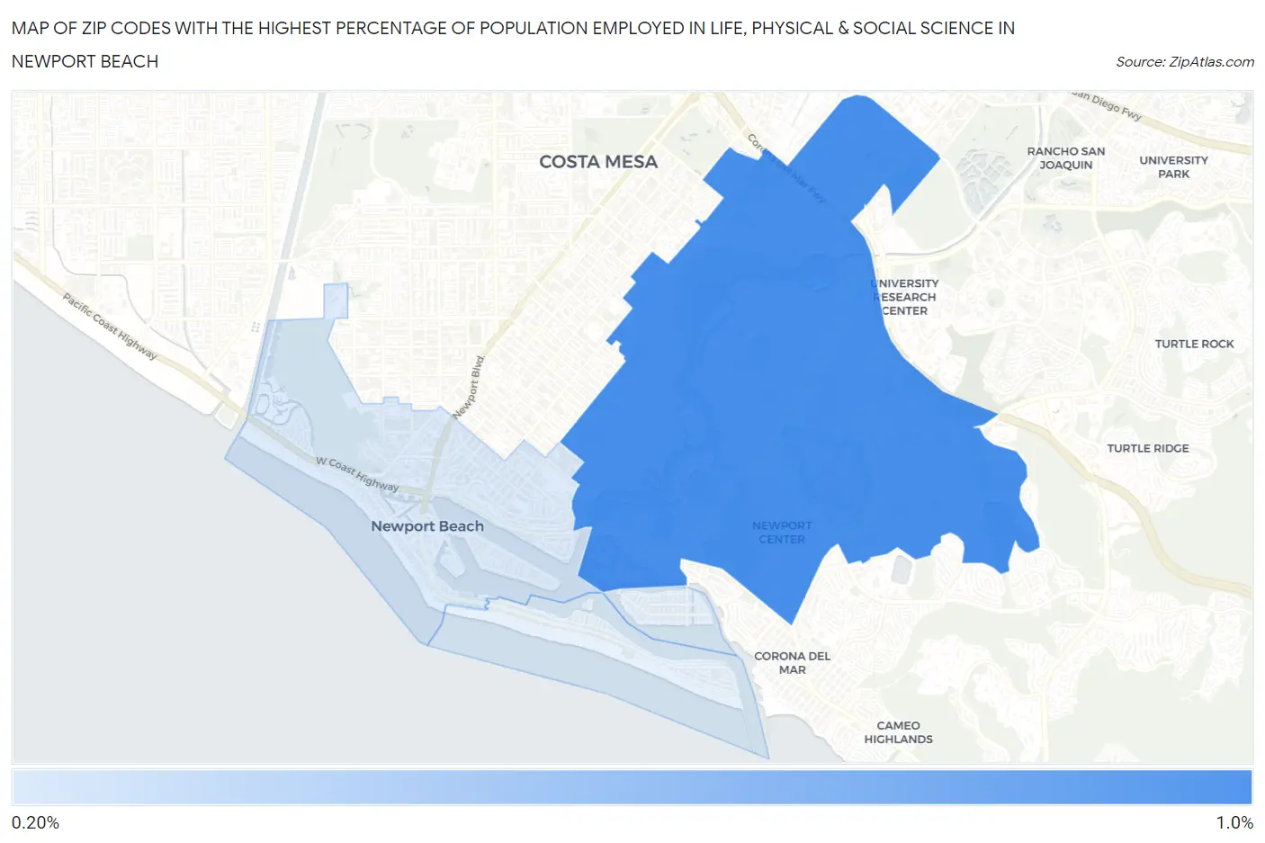 Zip Codes with the Highest Percentage of Population Employed in Life, Physical & Social Science in Newport Beach Map