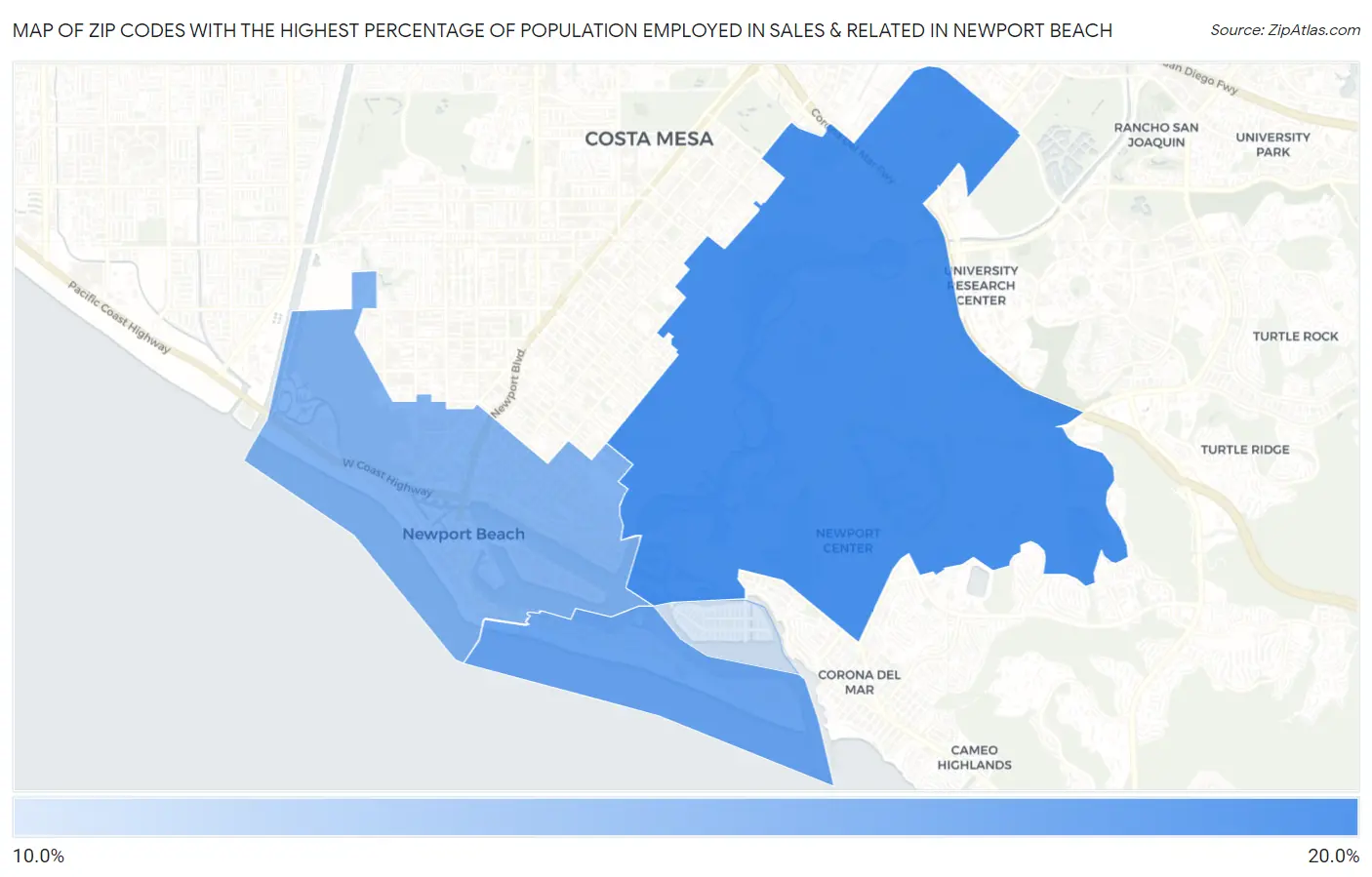 Zip Codes with the Highest Percentage of Population Employed in Sales & Related in Newport Beach Map