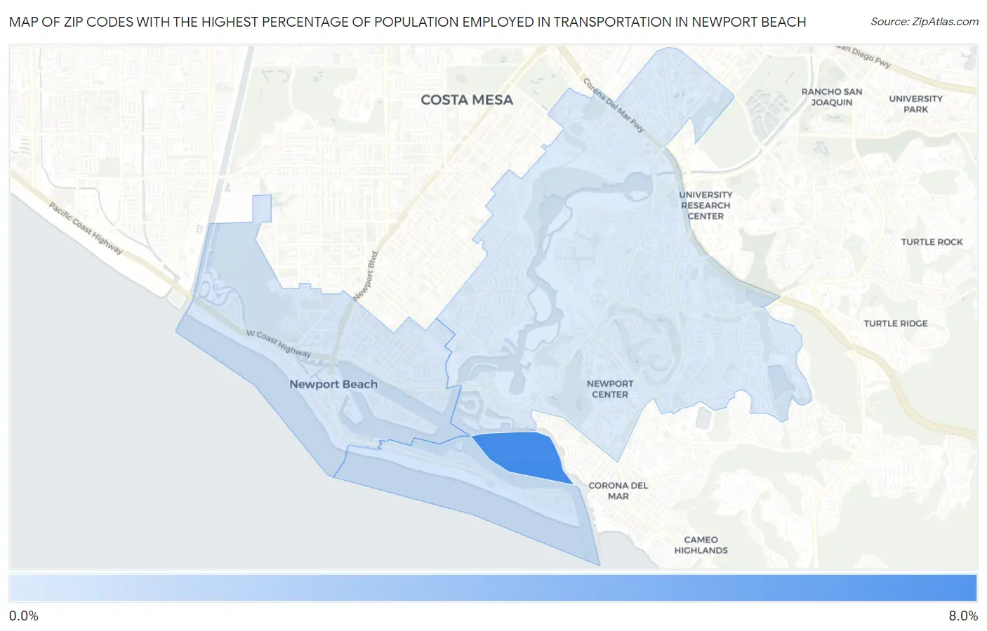 Zip Codes with the Highest Percentage of Population Employed in Transportation in Newport Beach Map