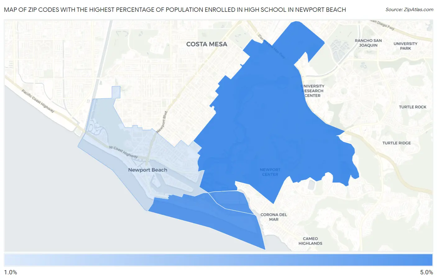 Zip Codes with the Highest Percentage of Population Enrolled in High School in Newport Beach Map