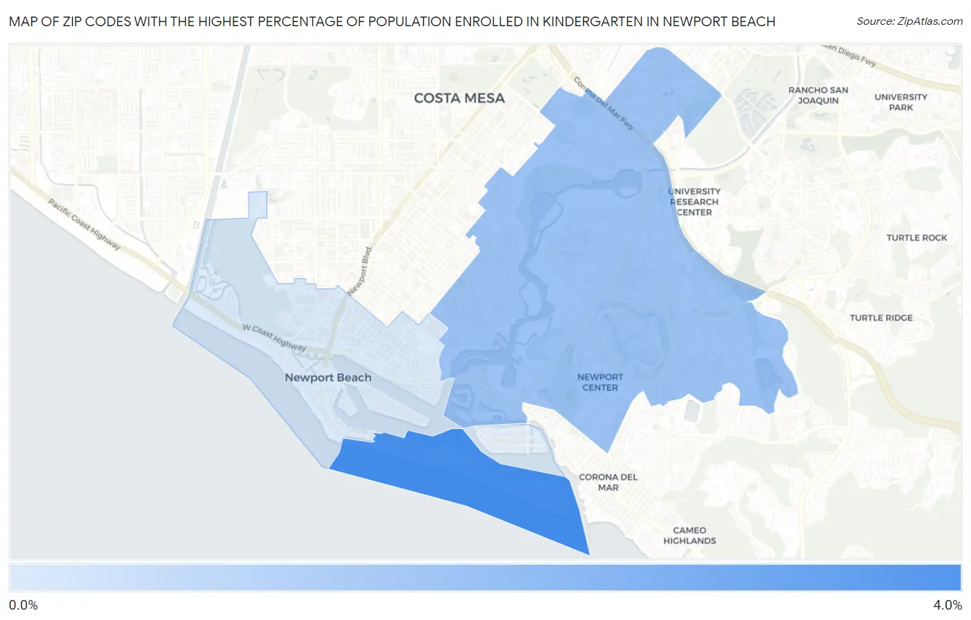 Zip Codes with the Highest Percentage of Population Enrolled in Kindergarten in Newport Beach Map
