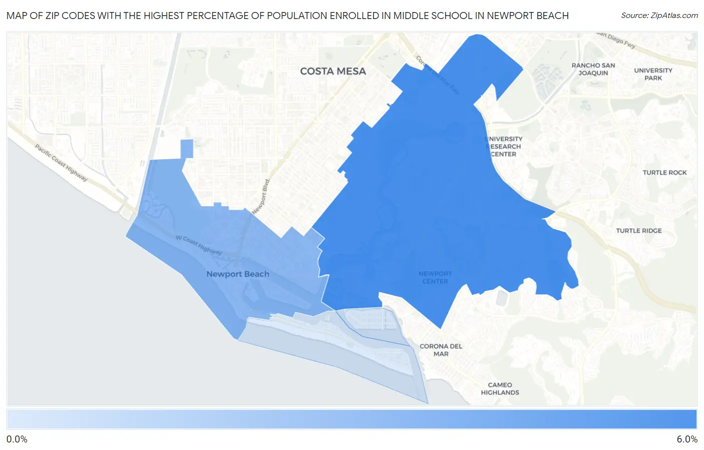 Zip Codes with the Highest Percentage of Population Enrolled in Middle School in Newport Beach Map