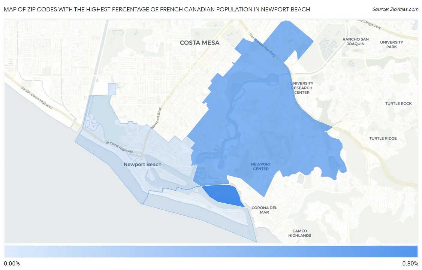 Zip Codes with the Highest Percentage of French Canadian Population in Newport Beach Map