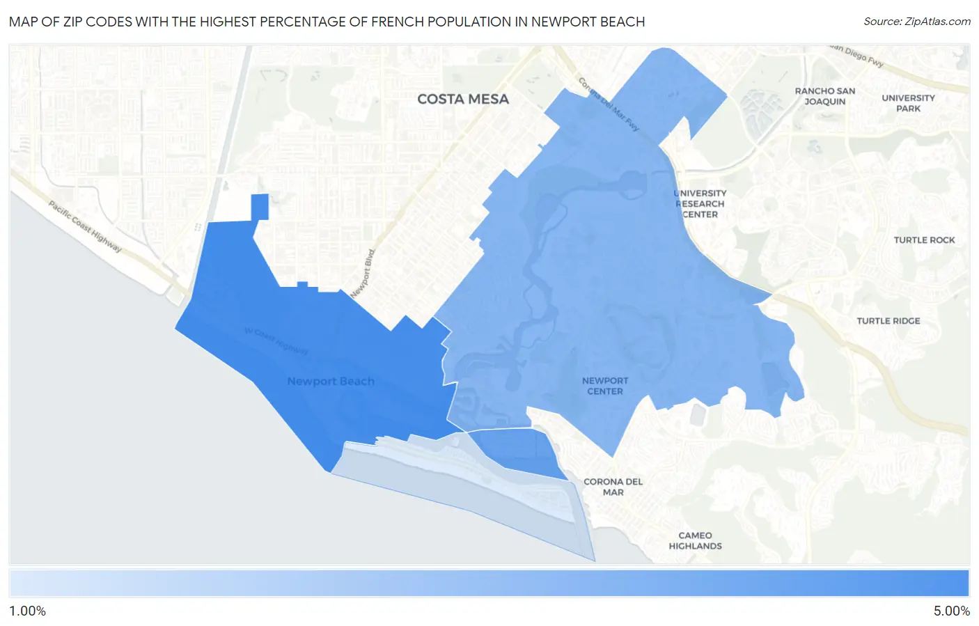 Zip Codes with the Highest Percentage of French Population in Newport Beach Map
