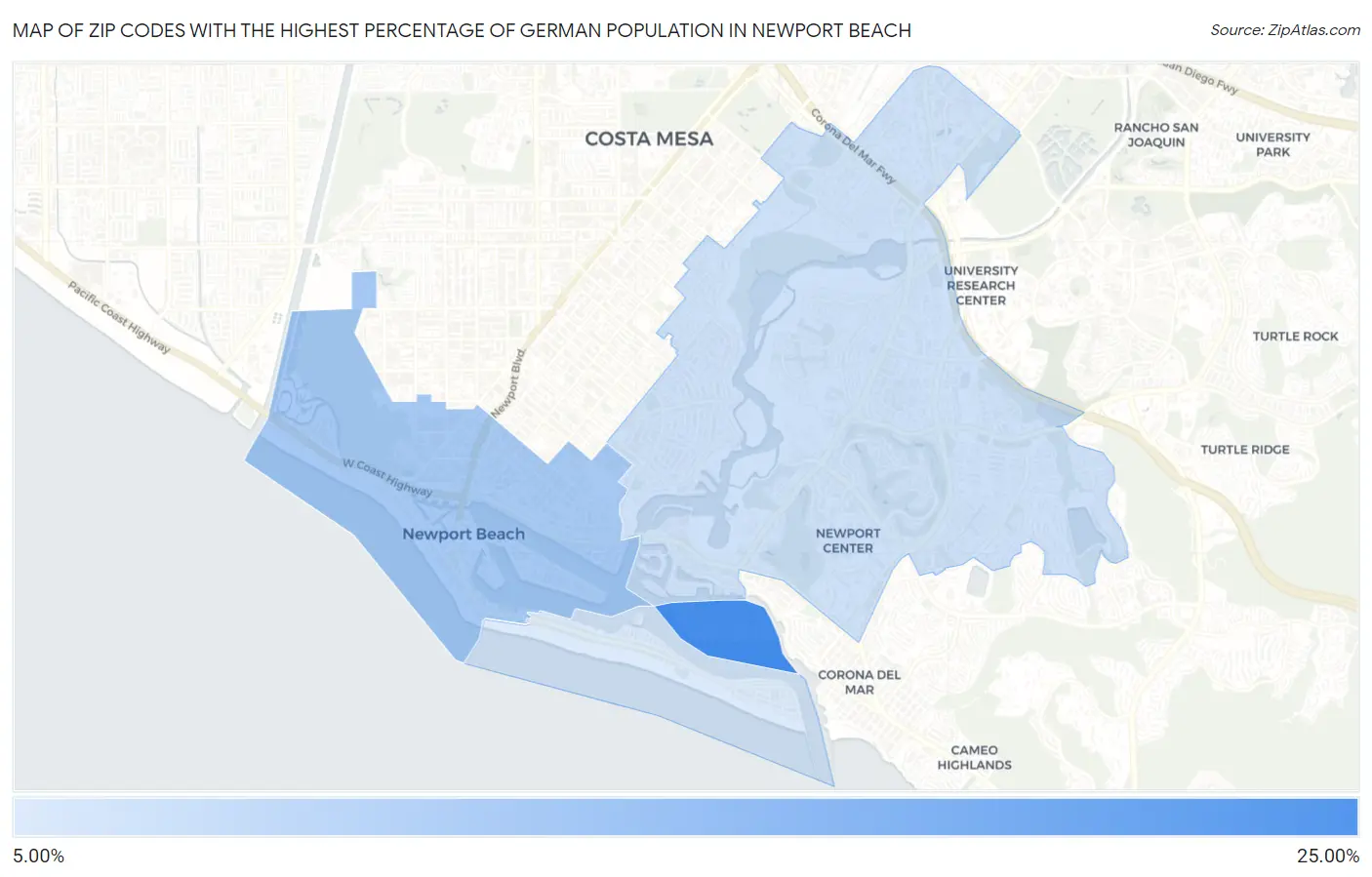 Zip Codes with the Highest Percentage of German Population in Newport Beach Map