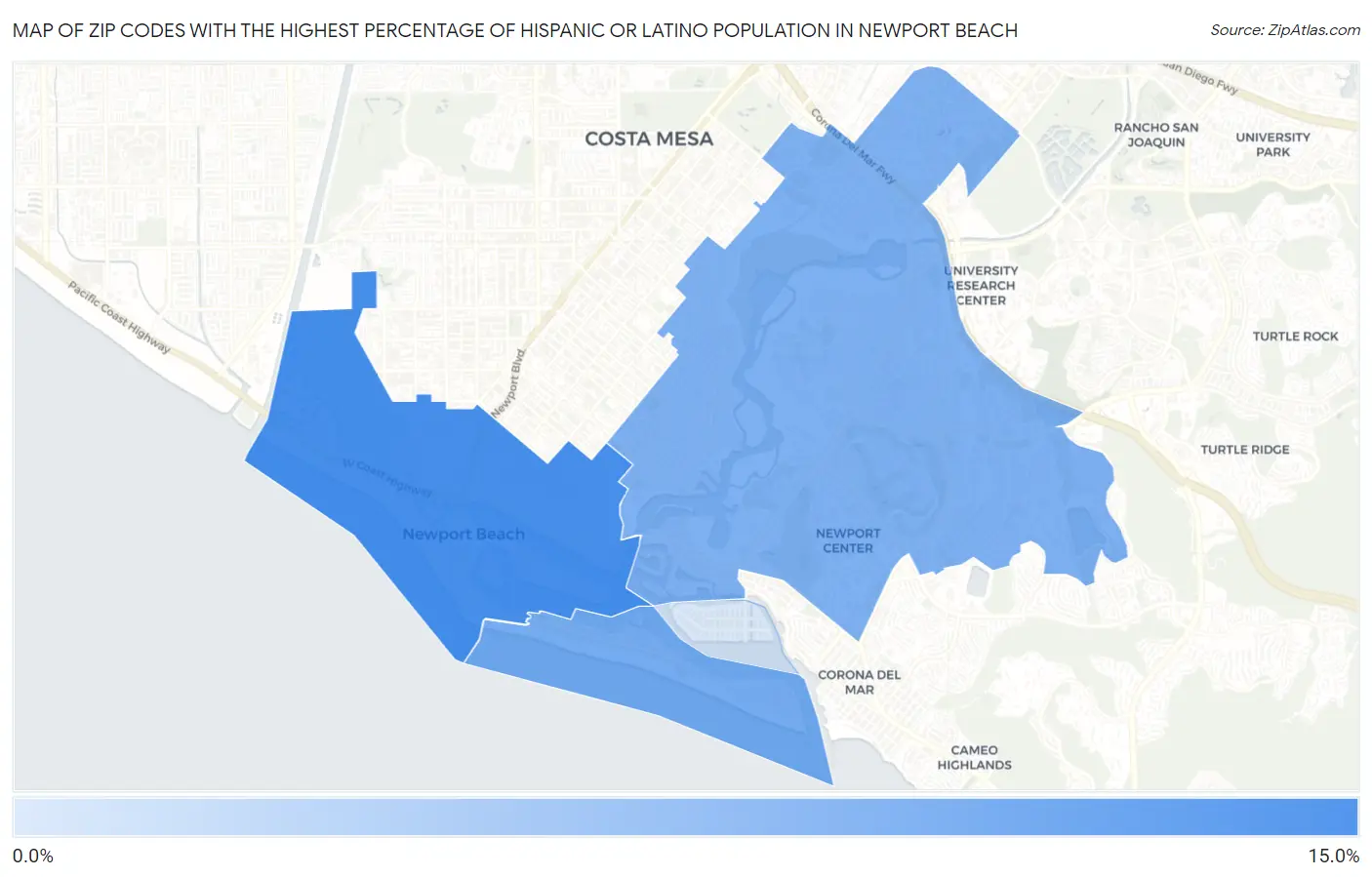 Zip Codes with the Highest Percentage of Hispanic or Latino Population in Newport Beach Map