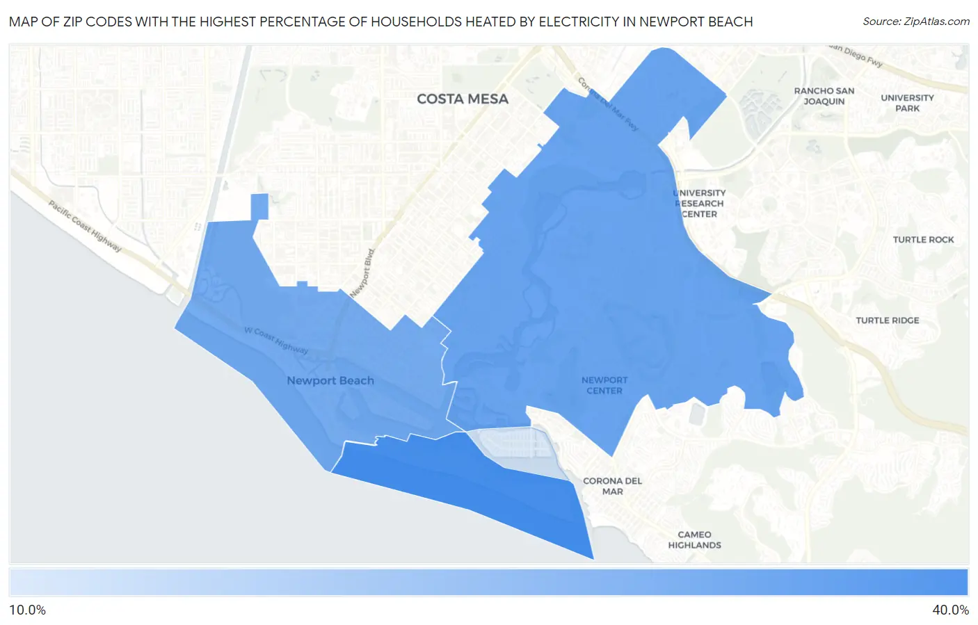 Zip Codes with the Highest Percentage of Households Heated by Electricity in Newport Beach Map