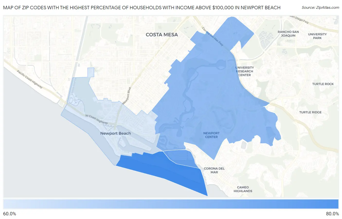 Zip Codes with the Highest Percentage of Households with Income Above $100,000 in Newport Beach Map