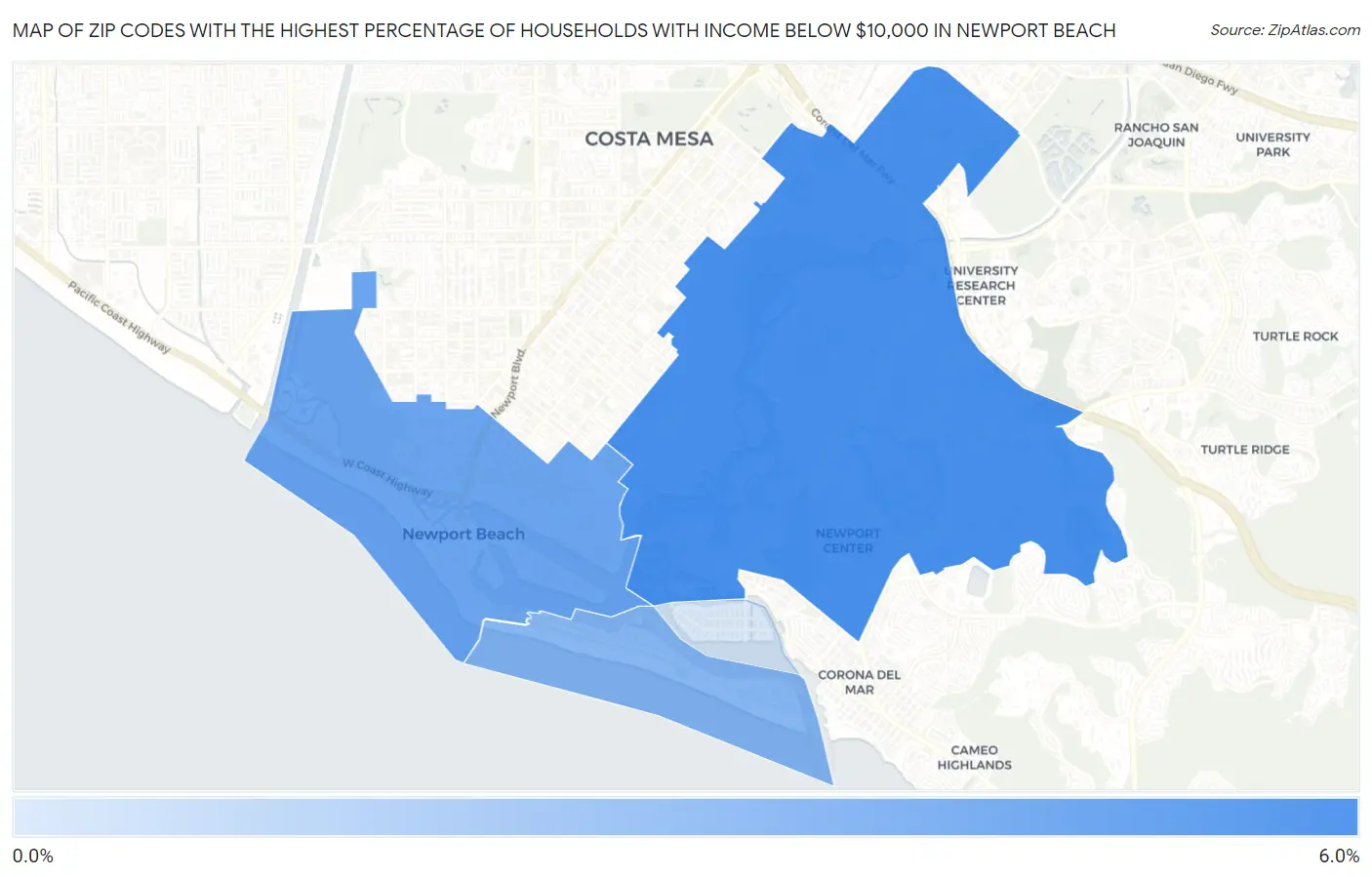 Zip Codes with the Highest Percentage of Households with Income Below $10,000 in Newport Beach Map