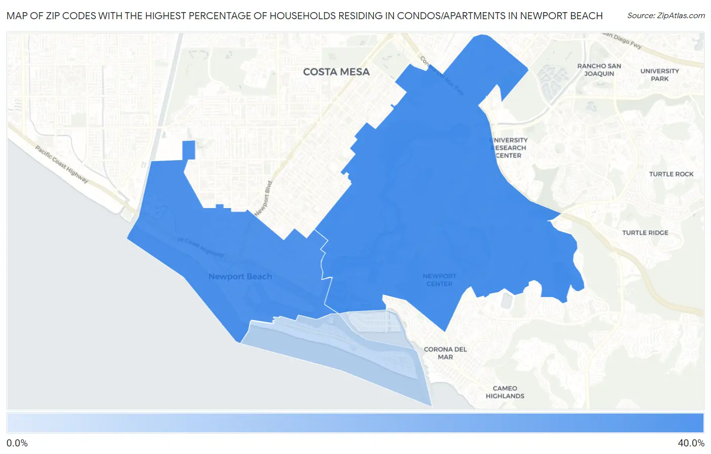 Zip Codes with the Highest Percentage of Households Residing in Condos/Apartments in Newport Beach Map