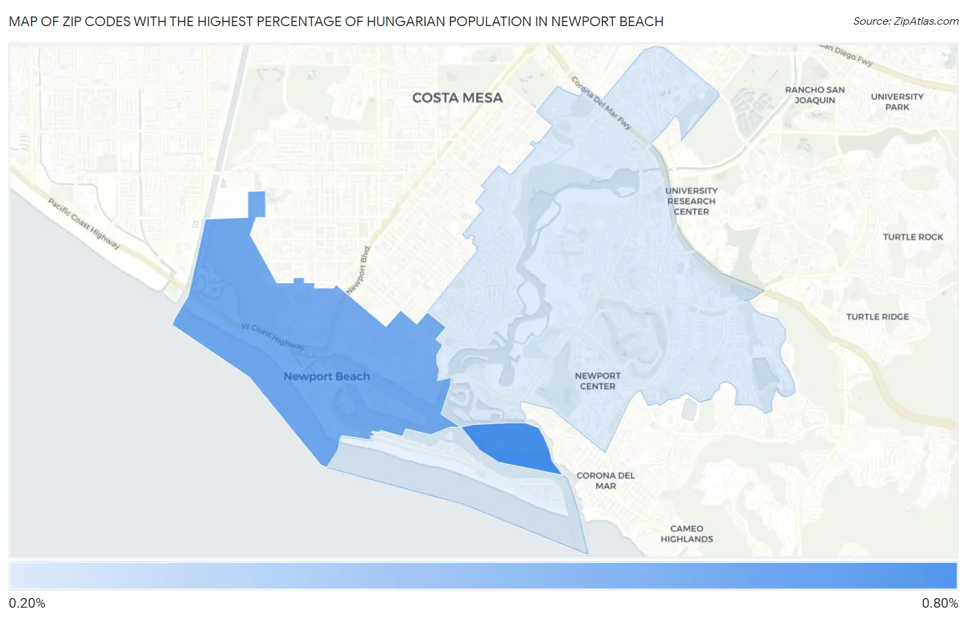 Zip Codes with the Highest Percentage of Hungarian Population in Newport Beach Map