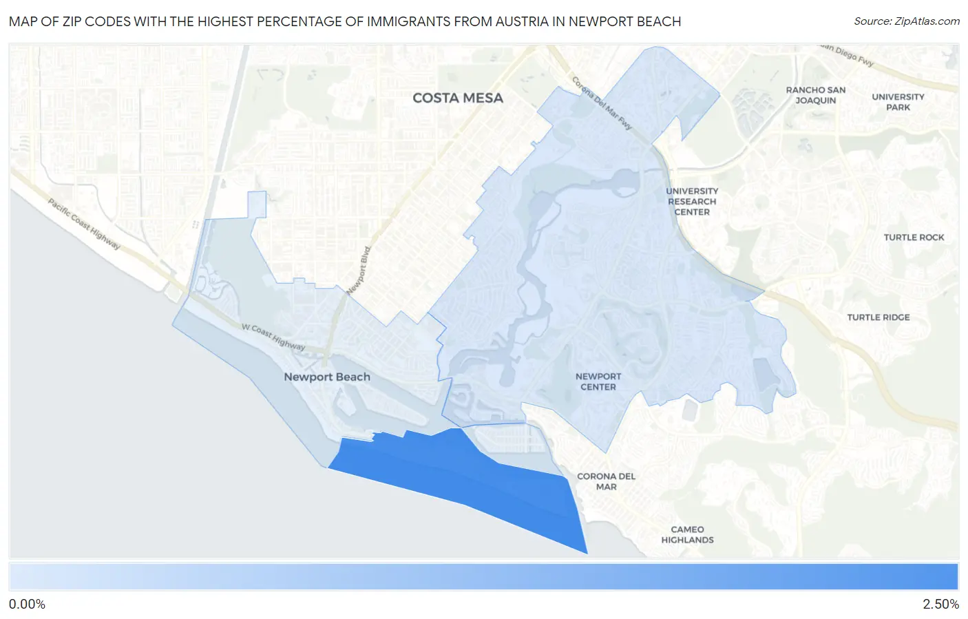Zip Codes with the Highest Percentage of Immigrants from Austria in Newport Beach Map
