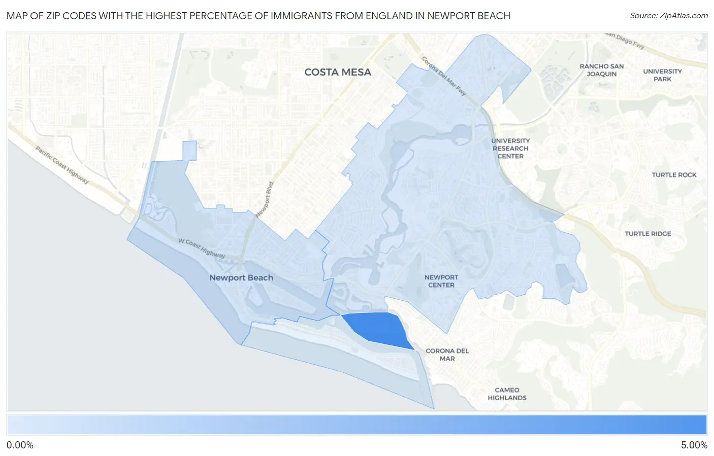 Zip Codes with the Highest Percentage of Immigrants from England in Newport Beach Map