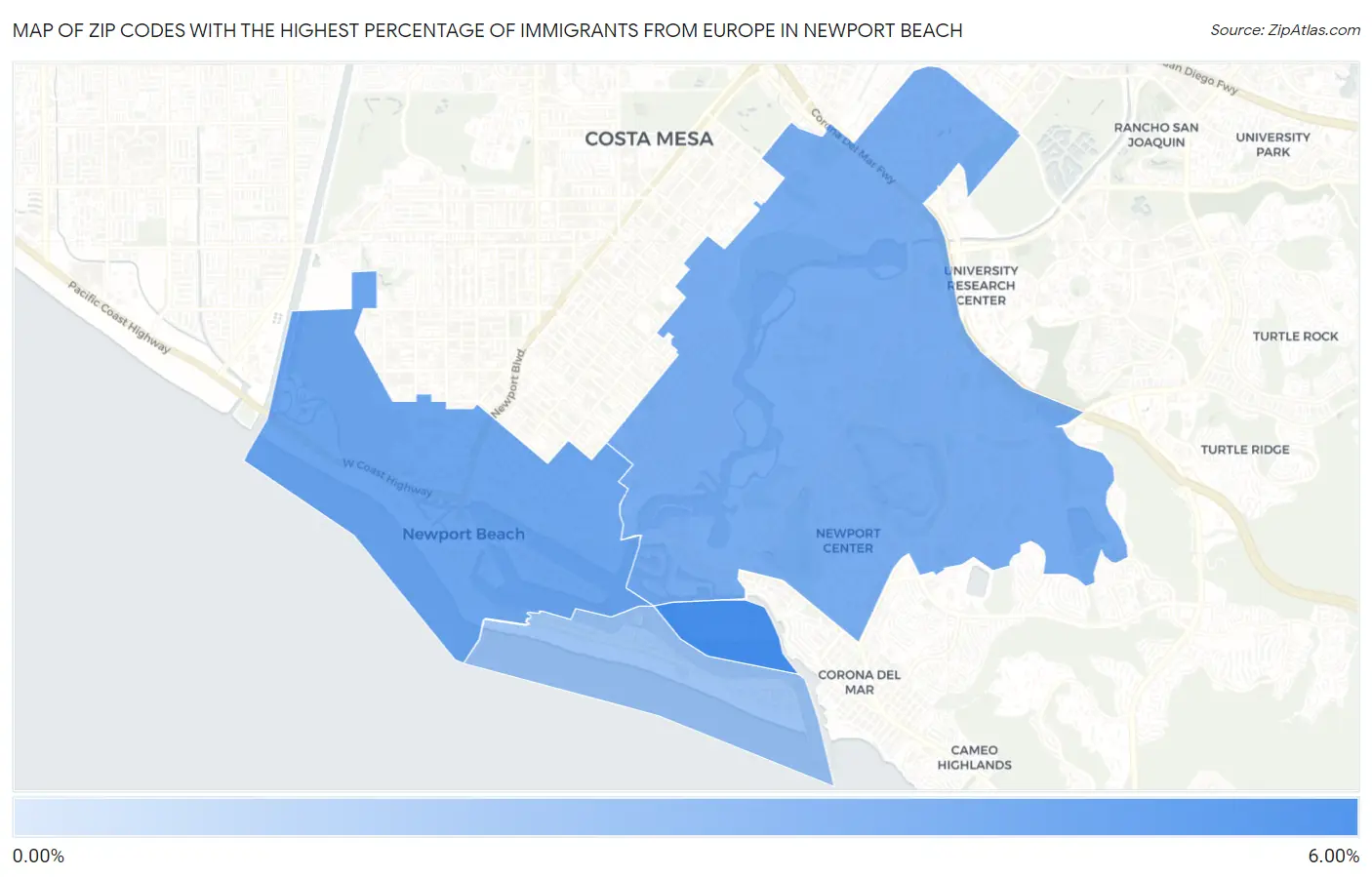 Zip Codes with the Highest Percentage of Immigrants from Europe in Newport Beach Map