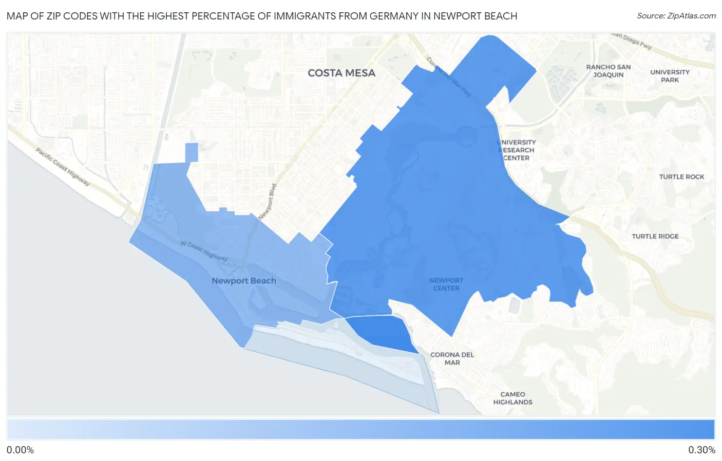 Zip Codes with the Highest Percentage of Immigrants from Germany in Newport Beach Map