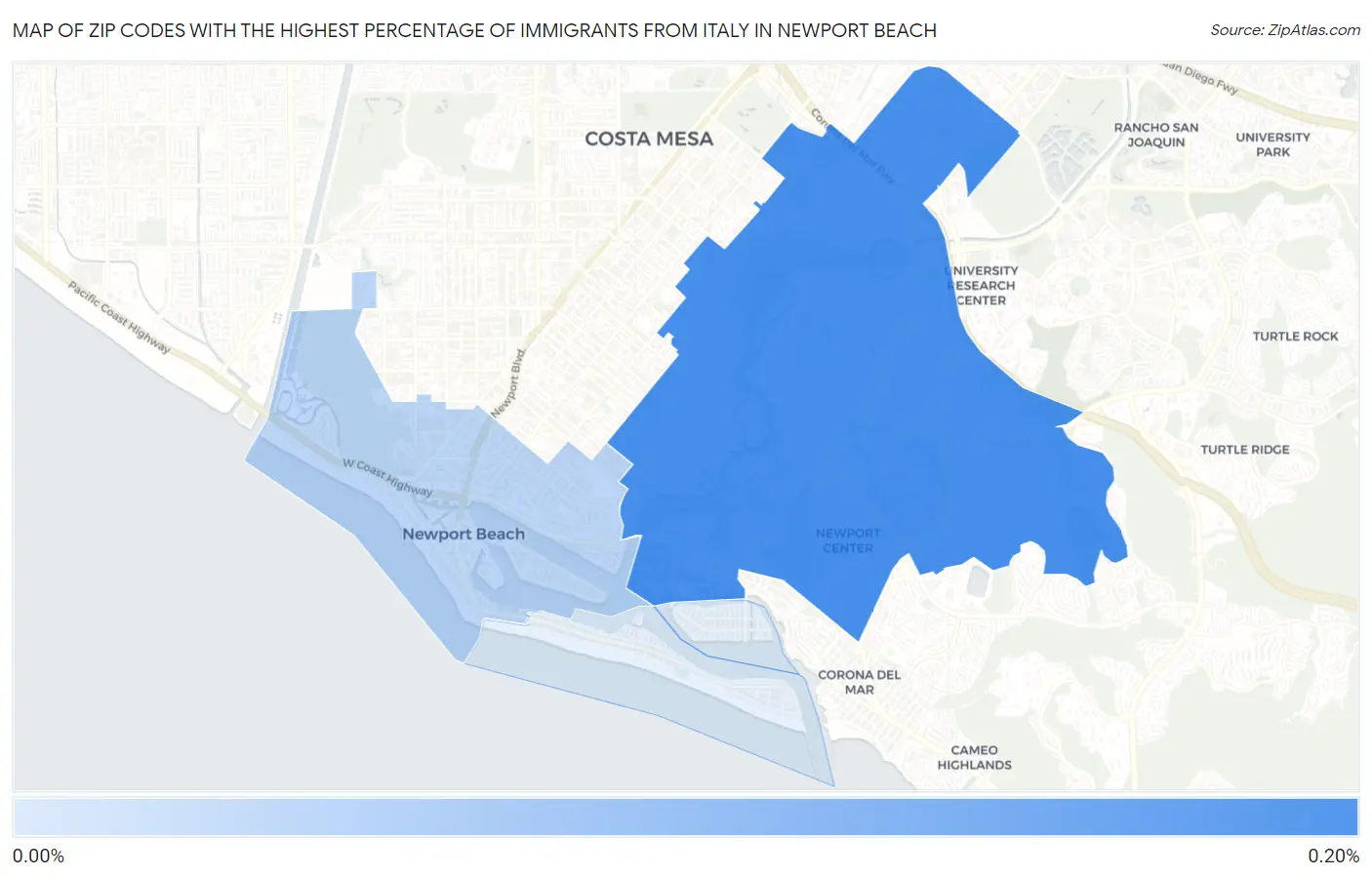 Zip Codes with the Highest Percentage of Immigrants from Italy in Newport Beach Map