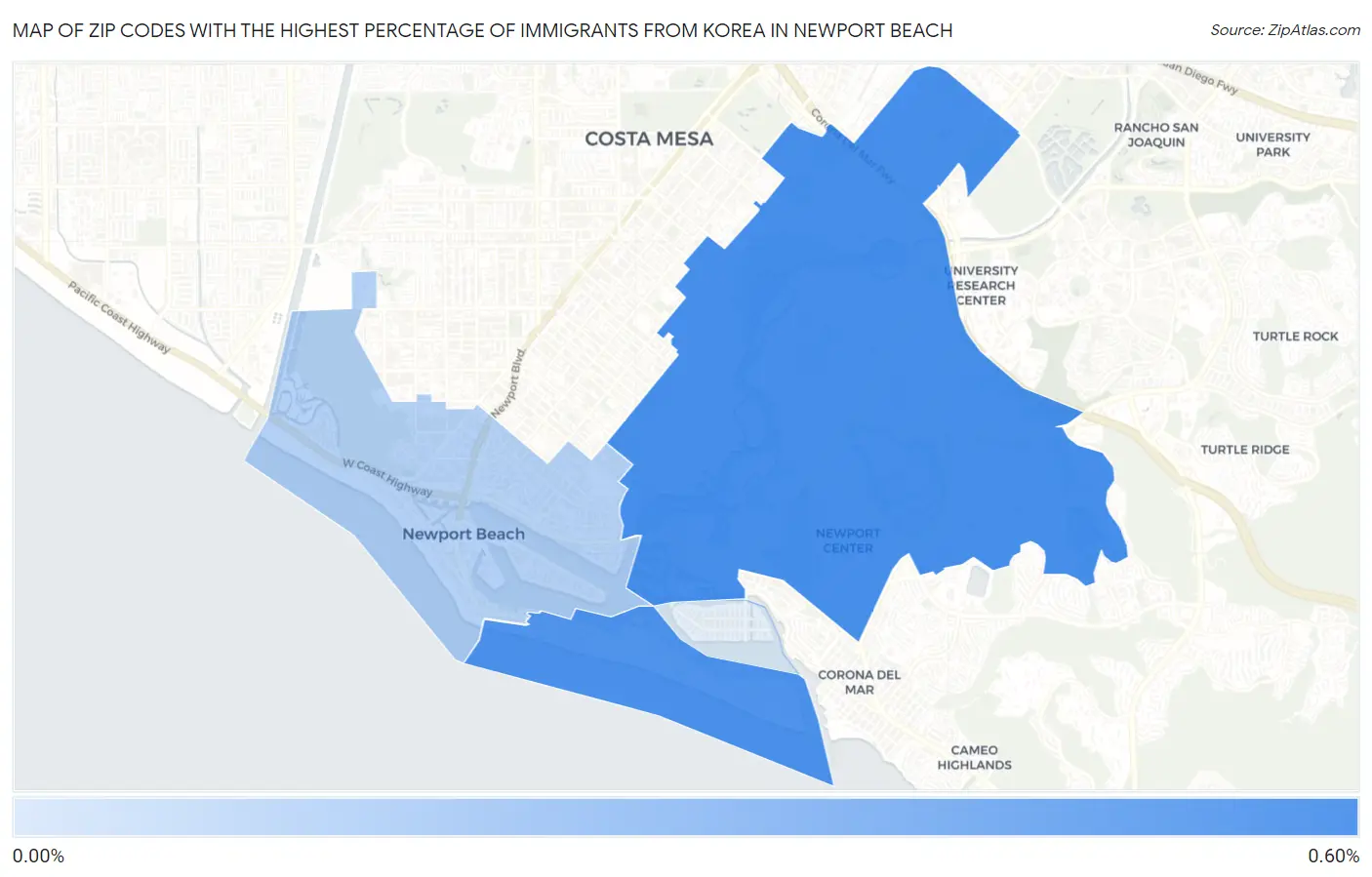 Zip Codes with the Highest Percentage of Immigrants from Korea in Newport Beach Map