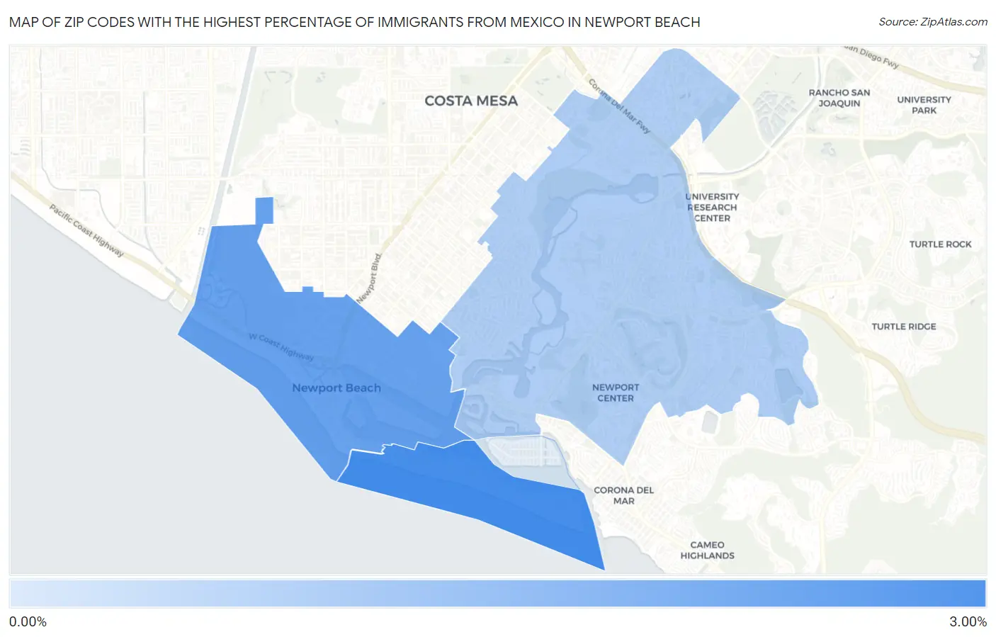 Zip Codes with the Highest Percentage of Immigrants from Mexico in Newport Beach Map