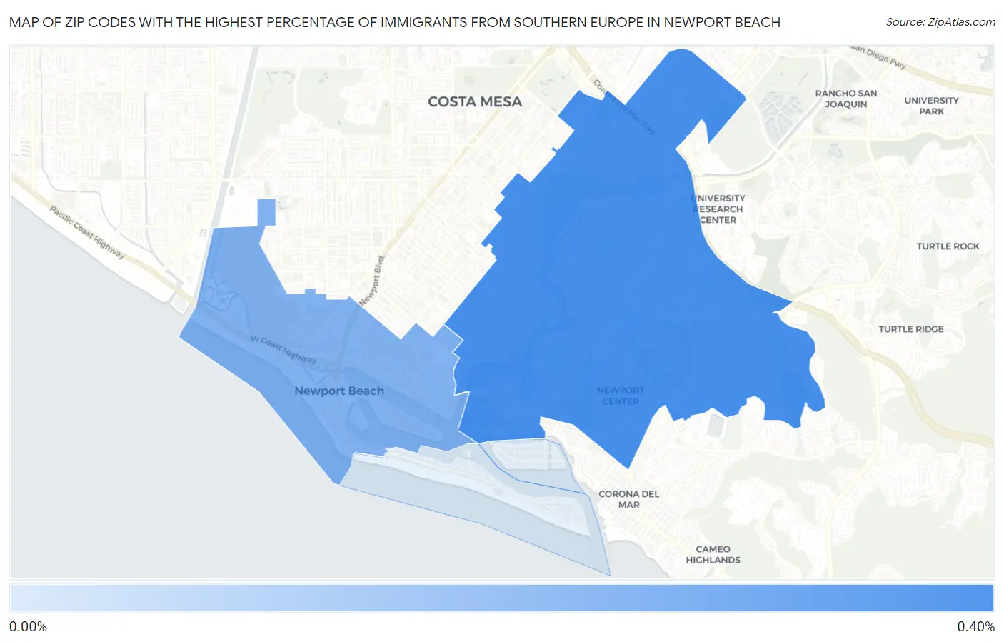 Zip Codes with the Highest Percentage of Immigrants from Southern Europe in Newport Beach Map