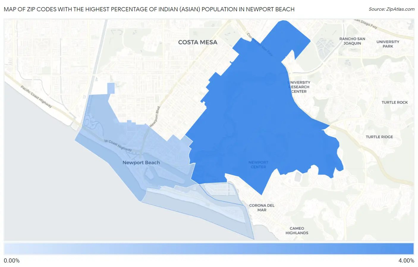 Zip Codes with the Highest Percentage of Indian (Asian) Population in Newport Beach Map
