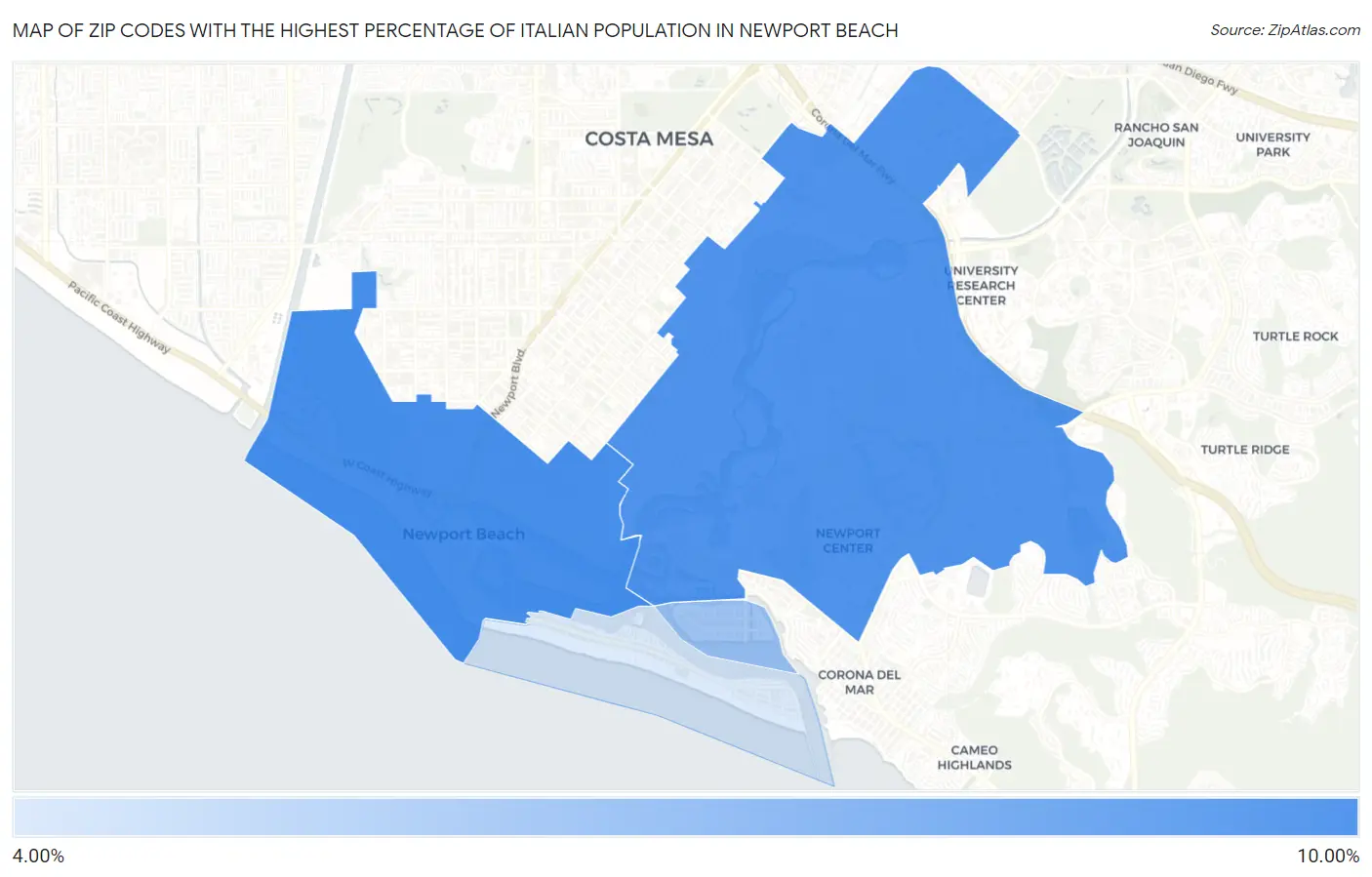Zip Codes with the Highest Percentage of Italian Population in Newport Beach Map