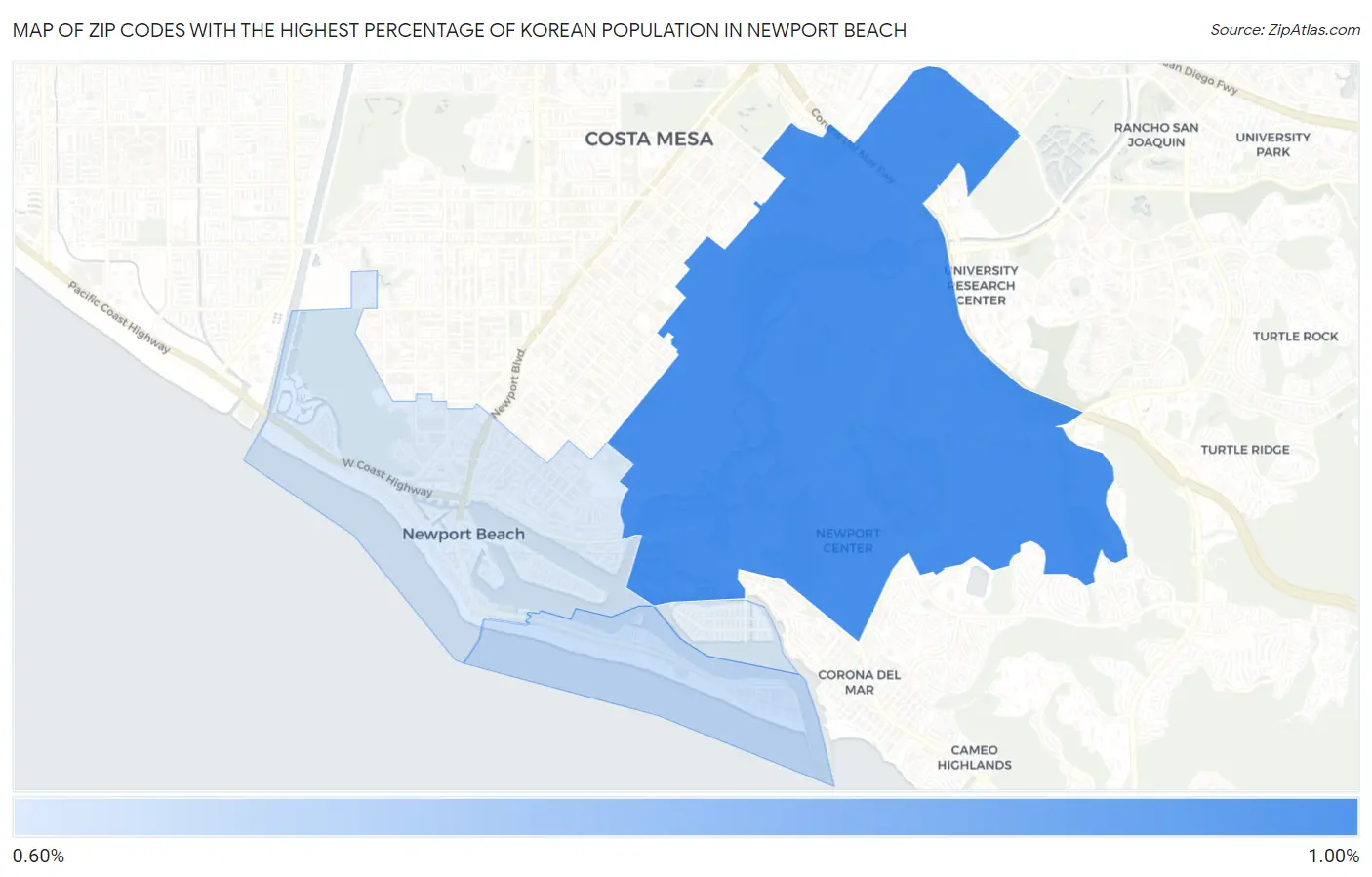 Zip Codes with the Highest Percentage of Korean Population in Newport Beach Map