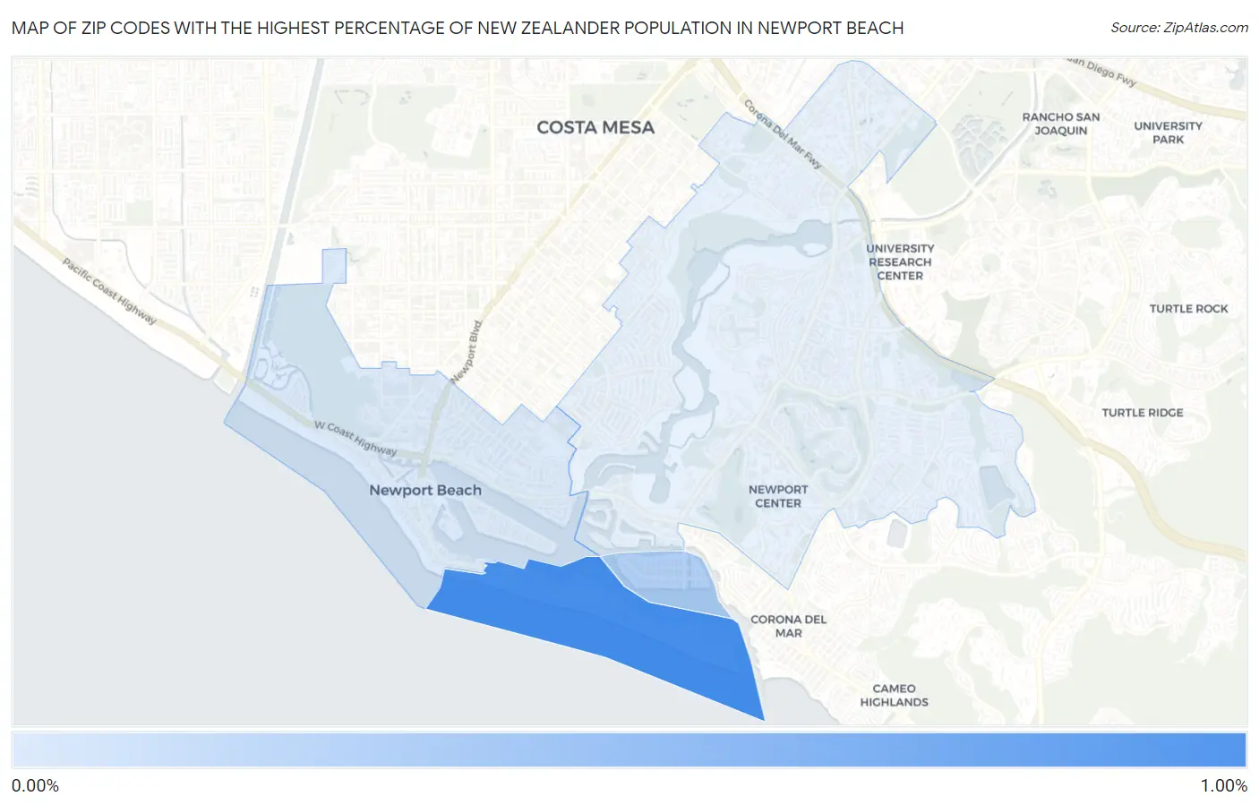 Zip Codes with the Highest Percentage of New Zealander Population in Newport Beach Map